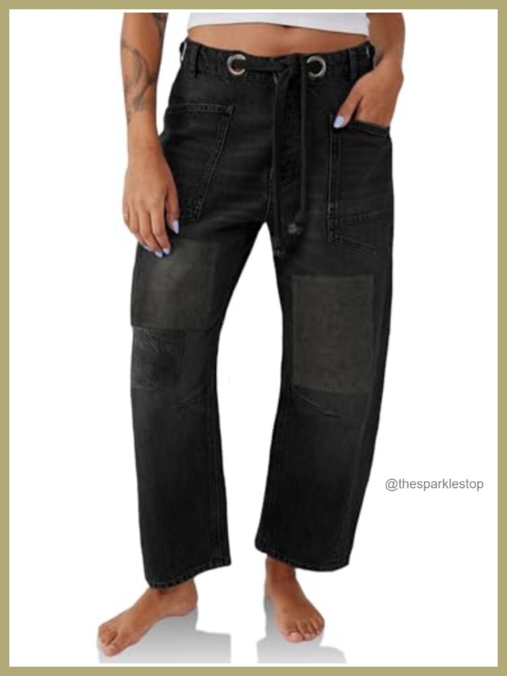 Women's Baggy Barrel Horseshoe Wide Leg Low Rise Patchwork Denim Jeans Pockets